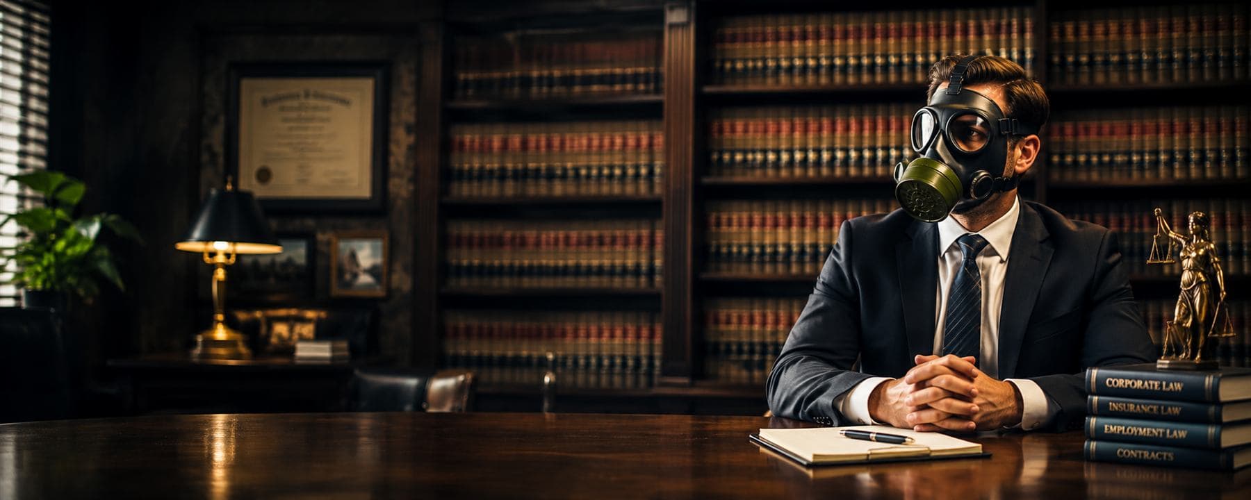 A lawyer in a gas mask at a desk in a law library