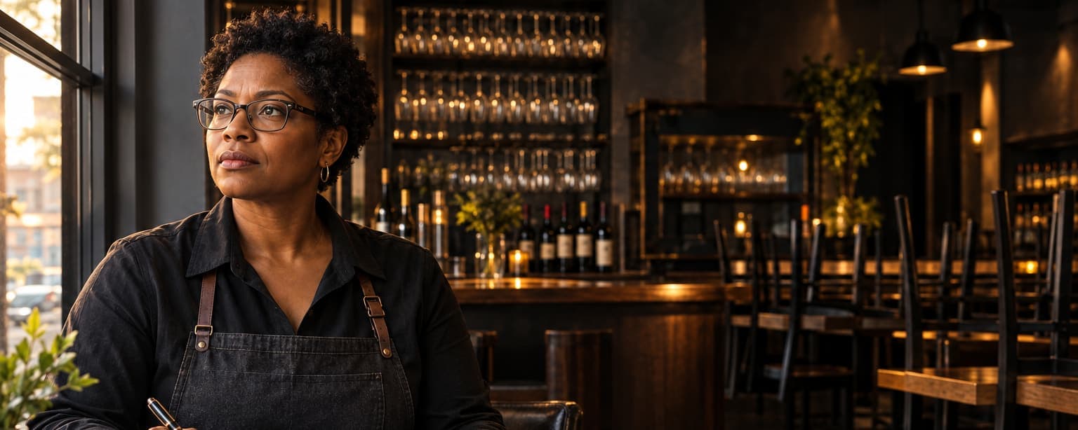 The owner of a small wine bar, a Black woman in her forties with short natural hair, at a window table in the afternoon reading a printed commercial lease with a pen in hand, wine glasses racked on the wall behind her