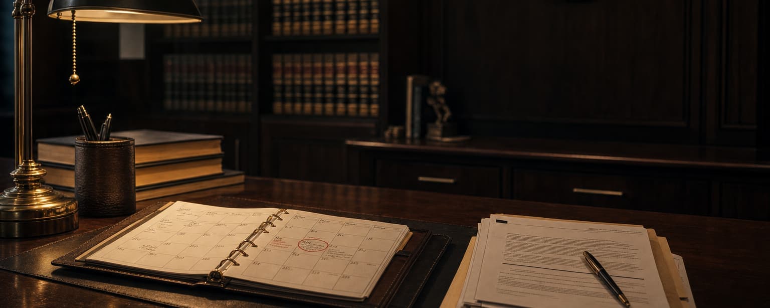 A law office desk under a green-shaded lamp with an open appointment diary, a stack of files and a pen, a wall clock and shelves of reports behind
