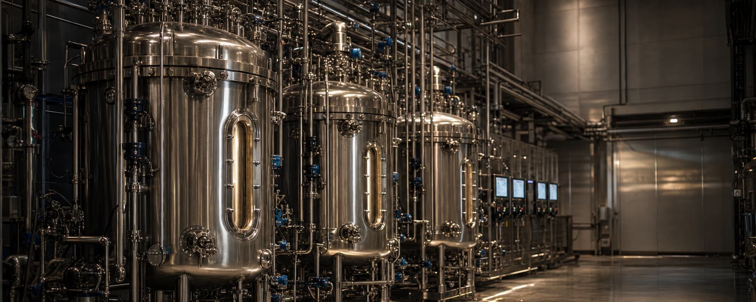 A biotech pilot plant, stainless bioreactor vessels with sight glasses and a web of sanitary piping and valves, control panel screens lit along the wall
