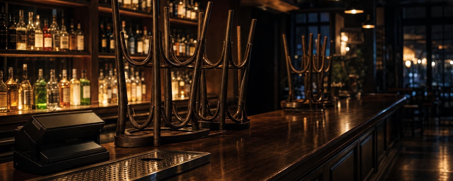 A back bar stocked with spirits under warm light with a row of beer taps along the counter and the empty bar top in the foreground