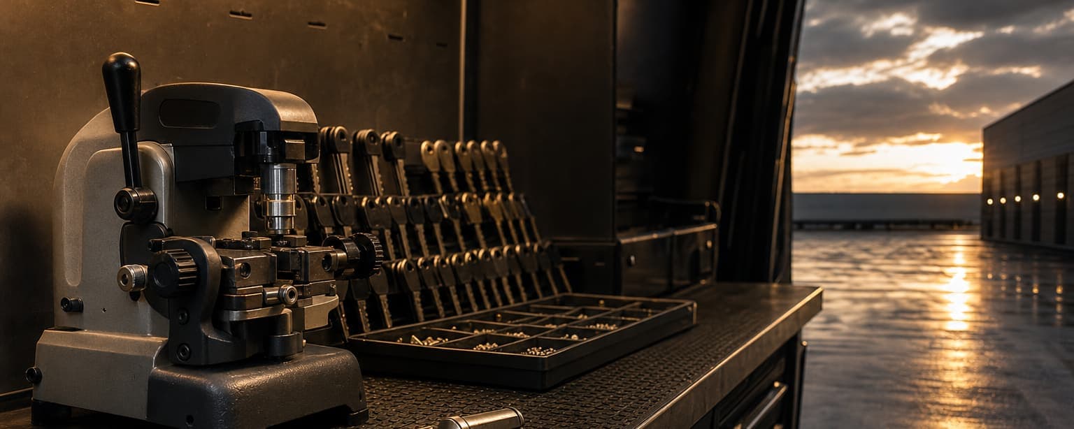 A locksmith’s van workbench, a key cutting machine bolted down beside a pinning tray and racked key blanks, a door lock cylinder disassembled on the mat