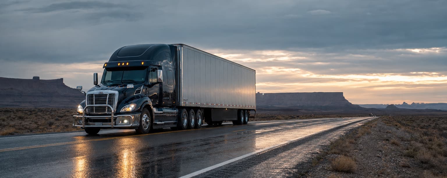 A dark sleeper-cab semi pulling a white dry van alone on a wet two-lane interstate through high desert at dusk, mesas on the horizon under a heavy sky