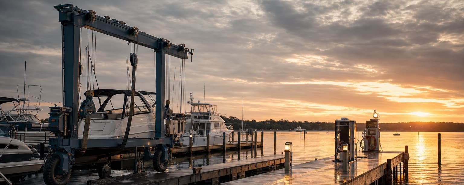 A marina at sunset, boats moored along wooden finger docks with a travel lift gantry standing over the haul-out well and the fuel dock lit at the end