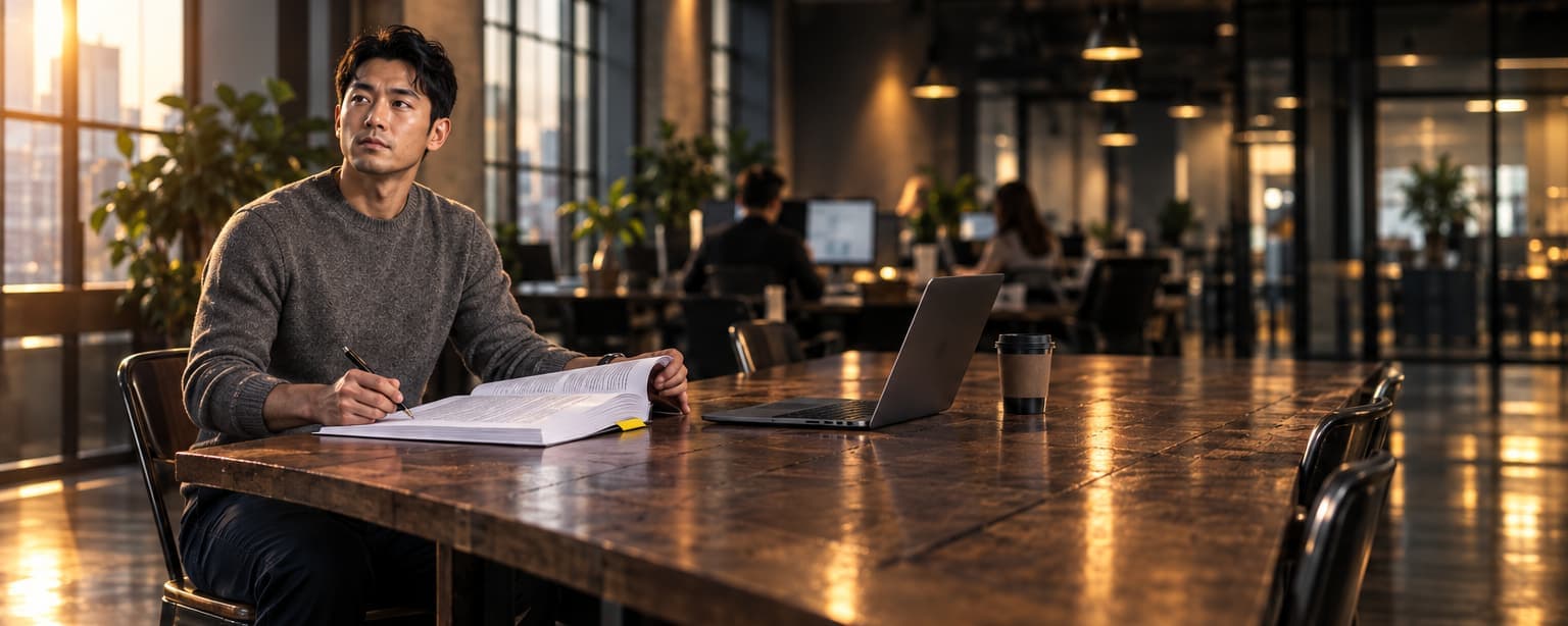 An agency founder in a gray sweater at a long wooden table in a bright open office, reading a thick printed client agreement flagged with a yellow tab, pen in hand, a laptop and a coffee beside him