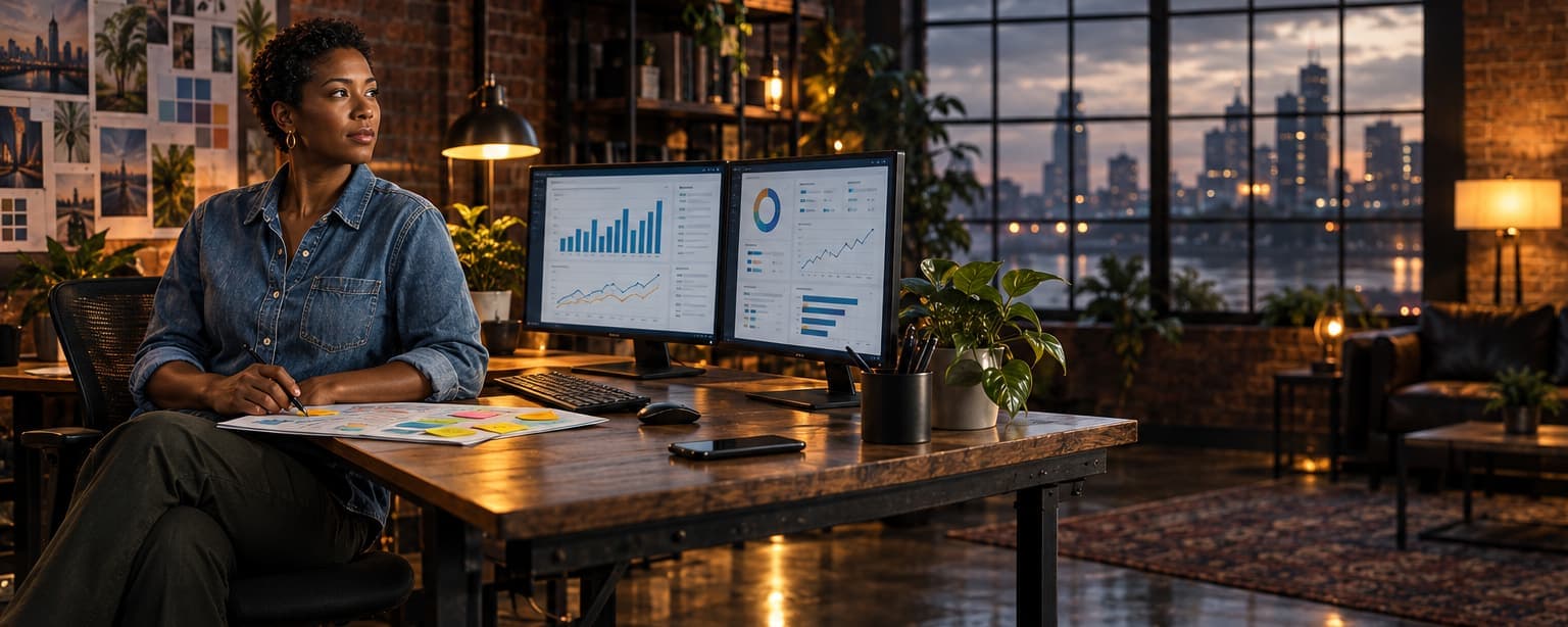A digital marketing agency studio in a brick loft at dusk, a woman at her desk reviewing campaign charts on two monitors with a printed client brief covered in sticky notes beside the keyboard