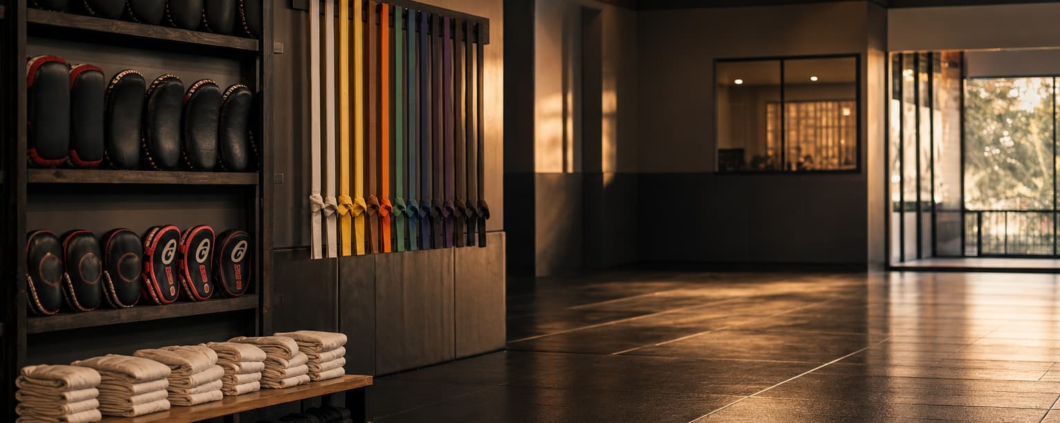 A dojo wall rack of headgear and gloves beside a row of belts hung by color, folded uniforms stacked on a bench and a matted training floor beyond