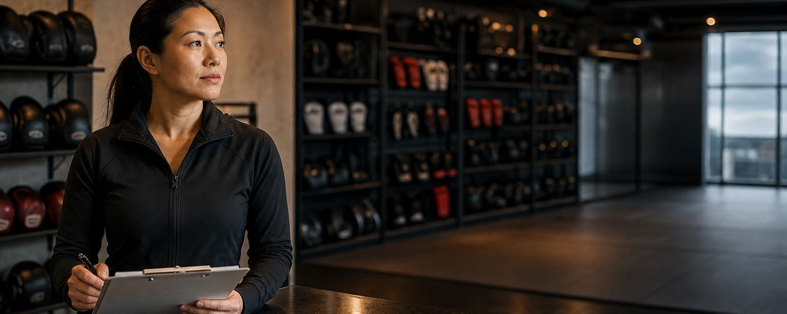 A gym owner at a front desk reading a signed liability waiver on a clipboard, a wall of gloves and a matted floor behind her