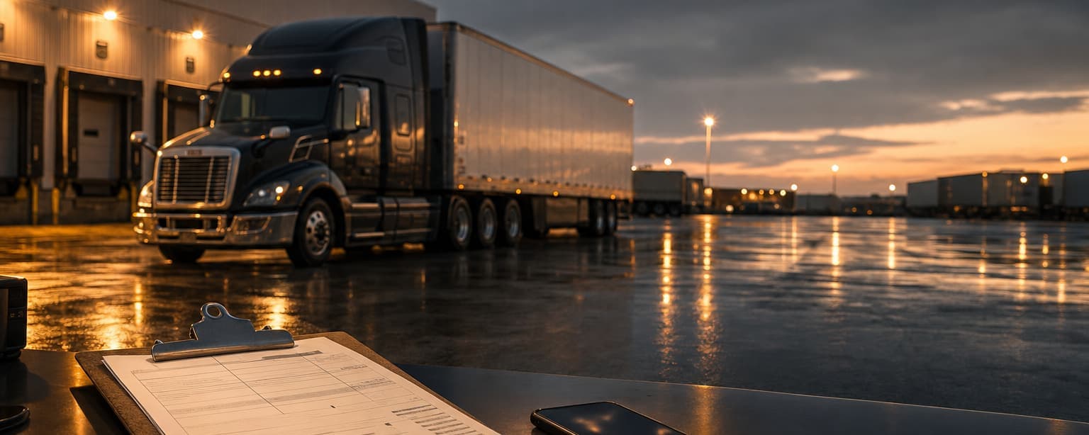An endorsement page clipped to a trucking policy on a dispatch desk with a logbook and a phone beside it, a tractor trailer under yard lights outside