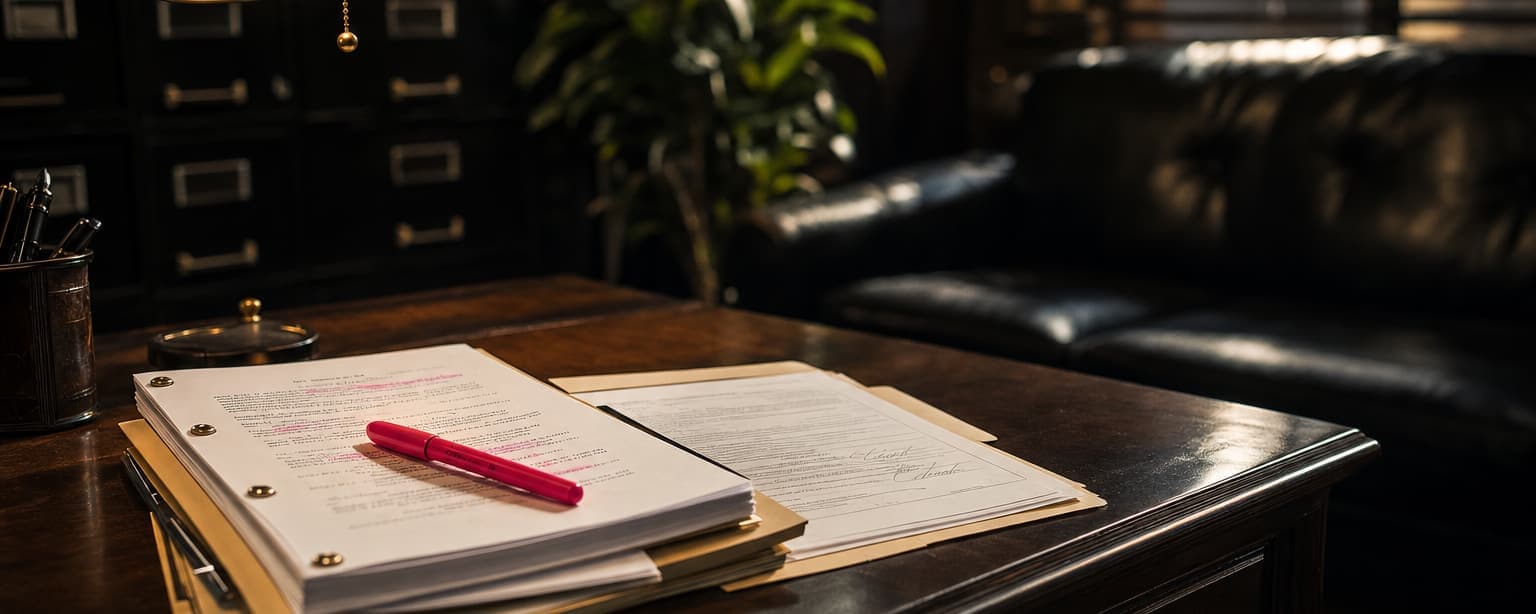 An open manuscript marked up in red on a desk beside filing cabinets and a leather sofa, a brass lamp lit above it
