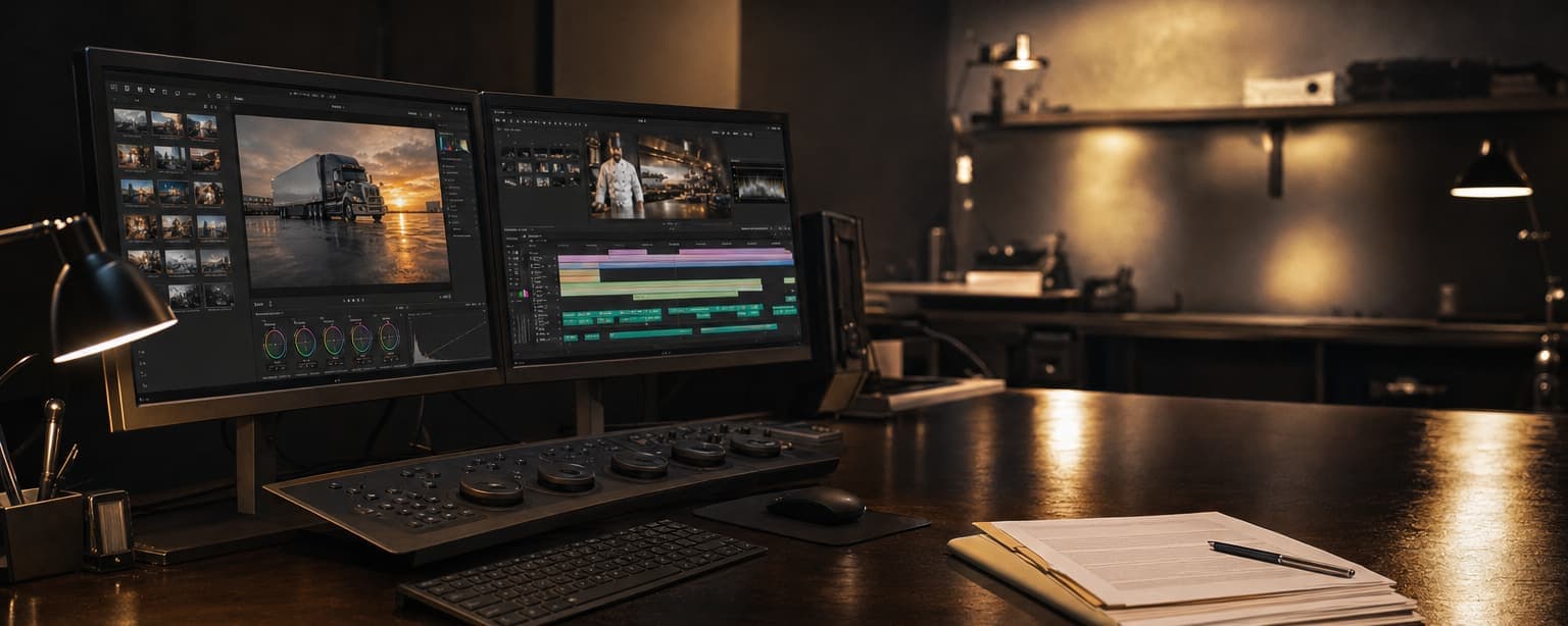 An edit suite at night with two monitors showing a cut timeline, a control surface on the desk and a notepad beside it