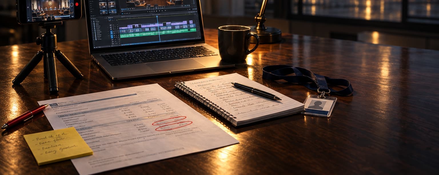 A desk at night with a printed insurance quote with two lines circled in red pen, a sticky note, a reporter’s notebook and press lanyard, a phone on a small tripod and a laptop editing footage of a council meeting under a desk lamp