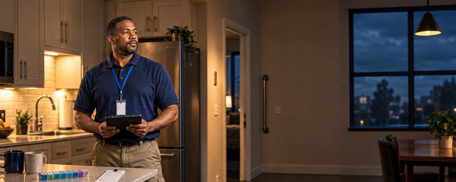 A direct support professional in a navy polo shirt and staff lanyard standing in the kitchen of a supported living apartment in the evening, checking in a visit on a tablet, with a seven-day pill organizer and two coffee mugs on the counter beside him