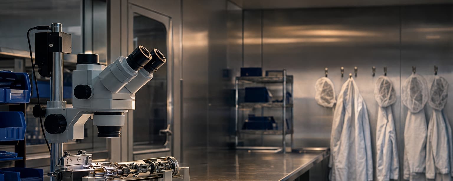 A medical device assembly bench in a cleanroom, a partly assembled instrument under a stereo microscope with precision tools laid out and gowns and hairnets on hooks by the airlock