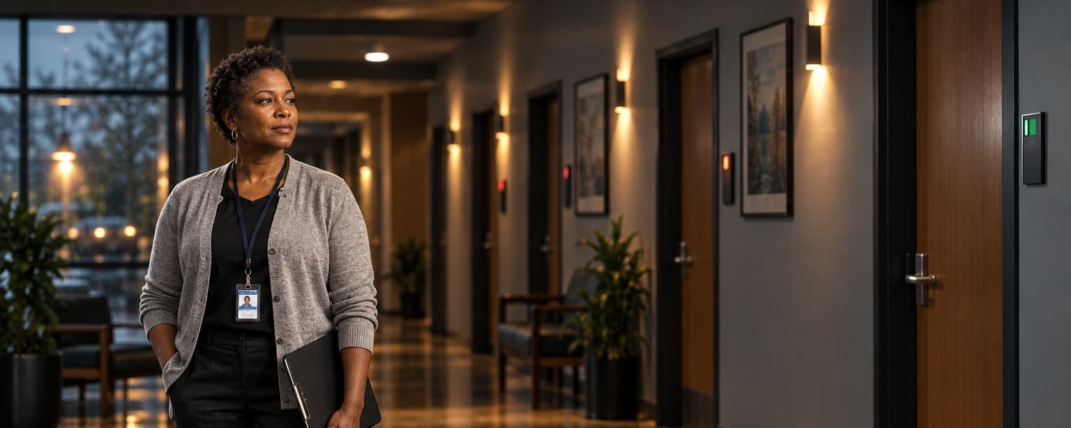 A clinical director in a gray cardigan and staff badge standing in the hallway of a community mental health clinic in the evening, a row of closed counseling room doors with occupancy signs behind her and a clipboard held at her side