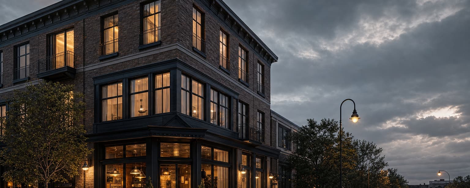 A mixed-use corner building at dusk, a lit cafe occupying the ground floor with warm apartment windows on the two floors above, wet sidewalk and a street lamp