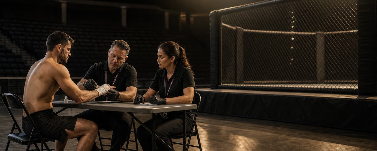 A ringside doctor and a commission inspector in lanyards checking a fighter’s hand wraps at a folding table beside an empty cage, the venue lights still up