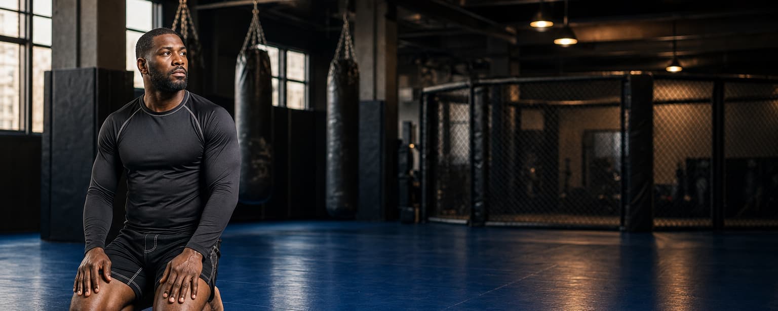 An MMA coach kneeling on a blue mat between rounds, a chain-link cage and a row of heavy bags out of focus behind him