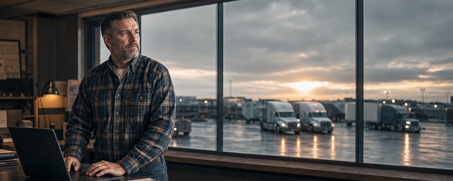A man in a flannel shirt updating a carrier registration profile on a laptop at a dispatch desk, a printout beside him and a yard of trucks through the window