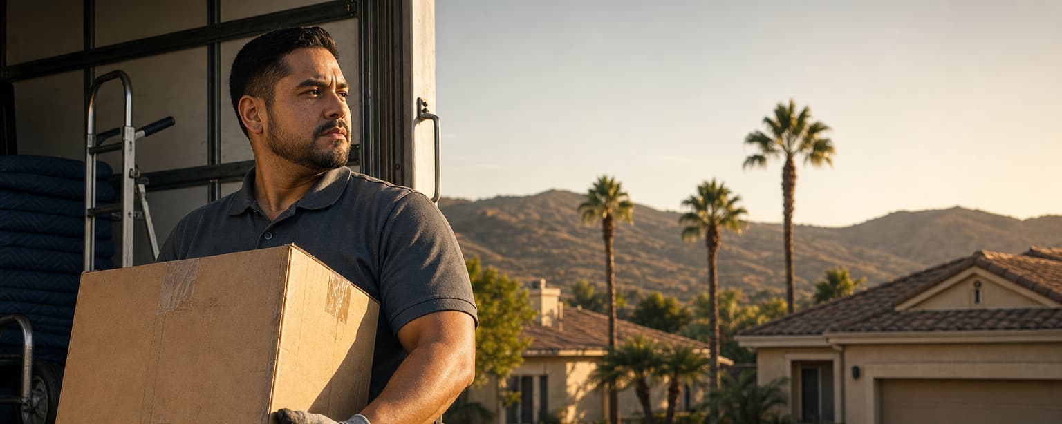 A mover in gloves and a back belt carrying a taped cardboard box out of a moving truck on a Southern California street, palms and hills behind