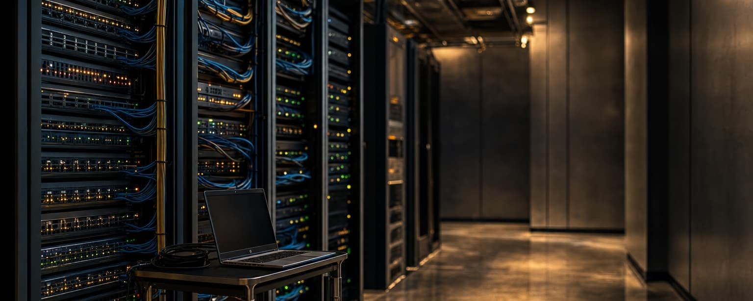 A server rack aisle in a small data room, patch cables neatly dressed down the rails and status lights across the switches, a laptop open on a rolling cart in the aisle