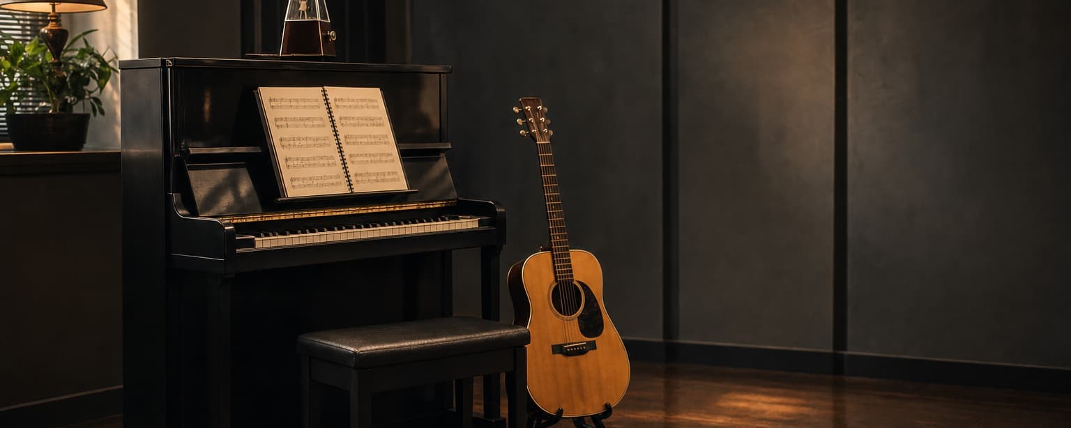 An upright piano with sheet music open and a metronome on top, a bench pulled out and an acoustic guitar leaning against the wall