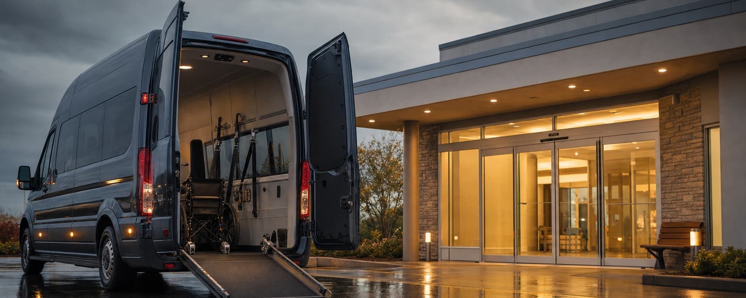 A wheelchair-accessible transport van with its rear ramp deployed at a clinic entrance at dusk, securement straps and a folded wheelchair visible inside and lit automatic doors behind