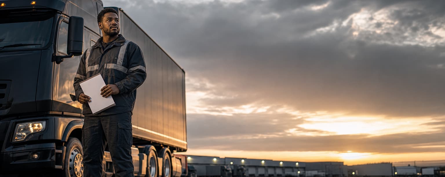 A man in a work jacket standing beside his first tractor unit holding a new authority letter, sunrise across a quiet yard