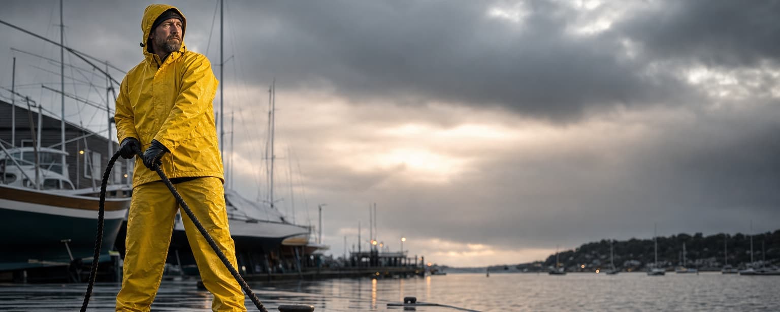 A harbor master in foul-weather gear on a Stonington dock lashing a line as a gray squall crosses the sound, boats already hauled behind him