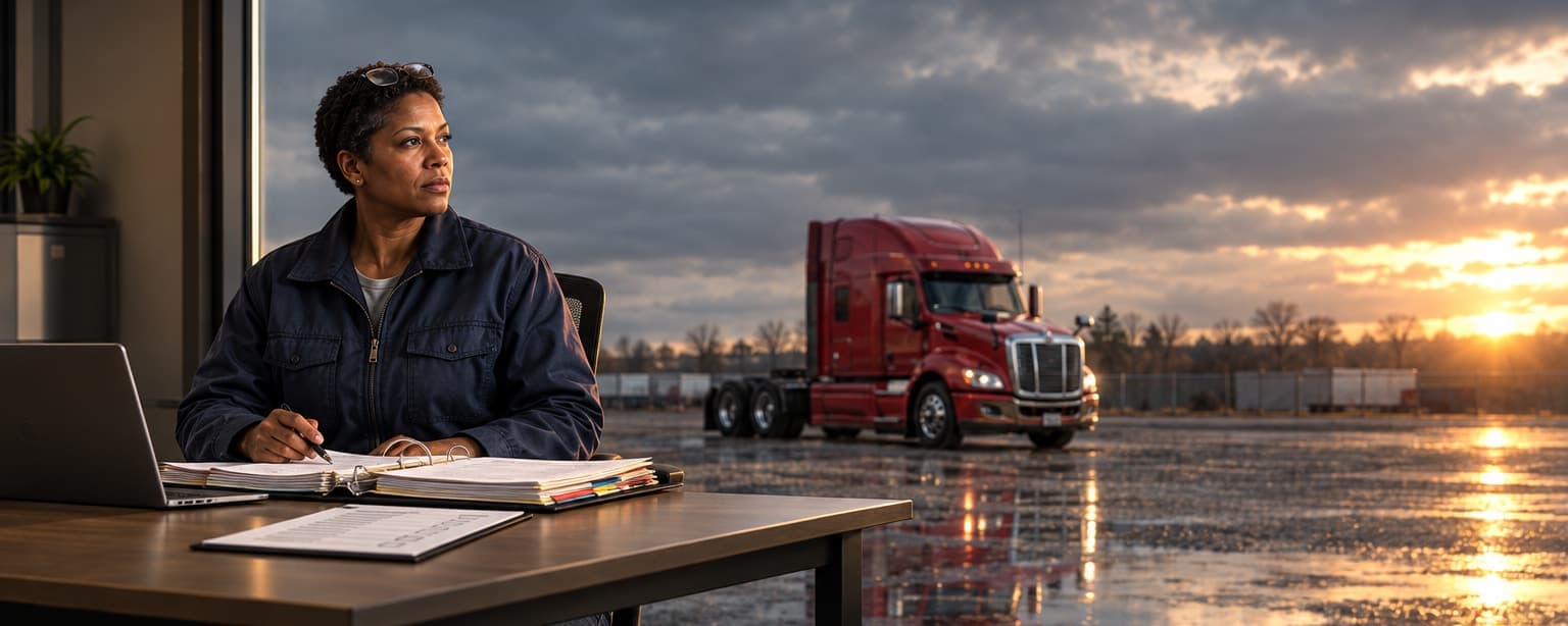 A woman who owns a new trucking company sitting at an office table with a binder of driver files and a laptop, reading glasses on her head, her red tractor parked in the gravel yard outside the window at sunrise
