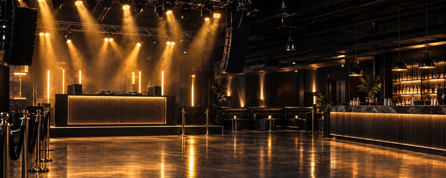 An empty nightclub floor before opening, a lit DJ booth under rigged lighting trusses, rope stanchions at the edge and a long bar running down the right side