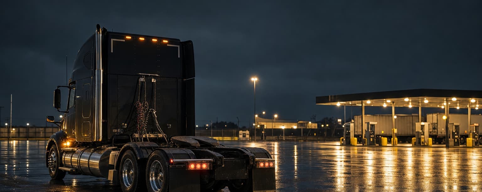 A tractor unit with no trailer parked at a truck stop at night, fuel islands lit across the wet lot