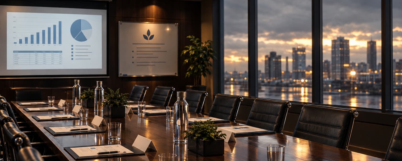A boardroom before a meeting, a long table set with printed agendas, name cards and water, a screen showing a budget chart, a city skyline at dusk through the windows