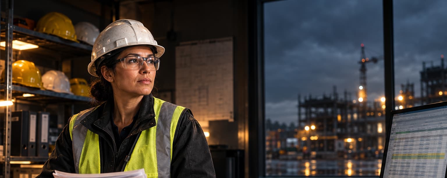 A compliance coordinator in a hard hat at a construction office desk at night holding a stack of certificates beside a spreadsheet on a monitor, hard hats on a shelf