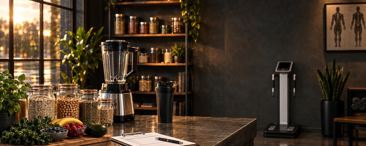 A coaching studio counter with glass jars of oats and legumes, a blender, a clipboard intake form and a body composition scale