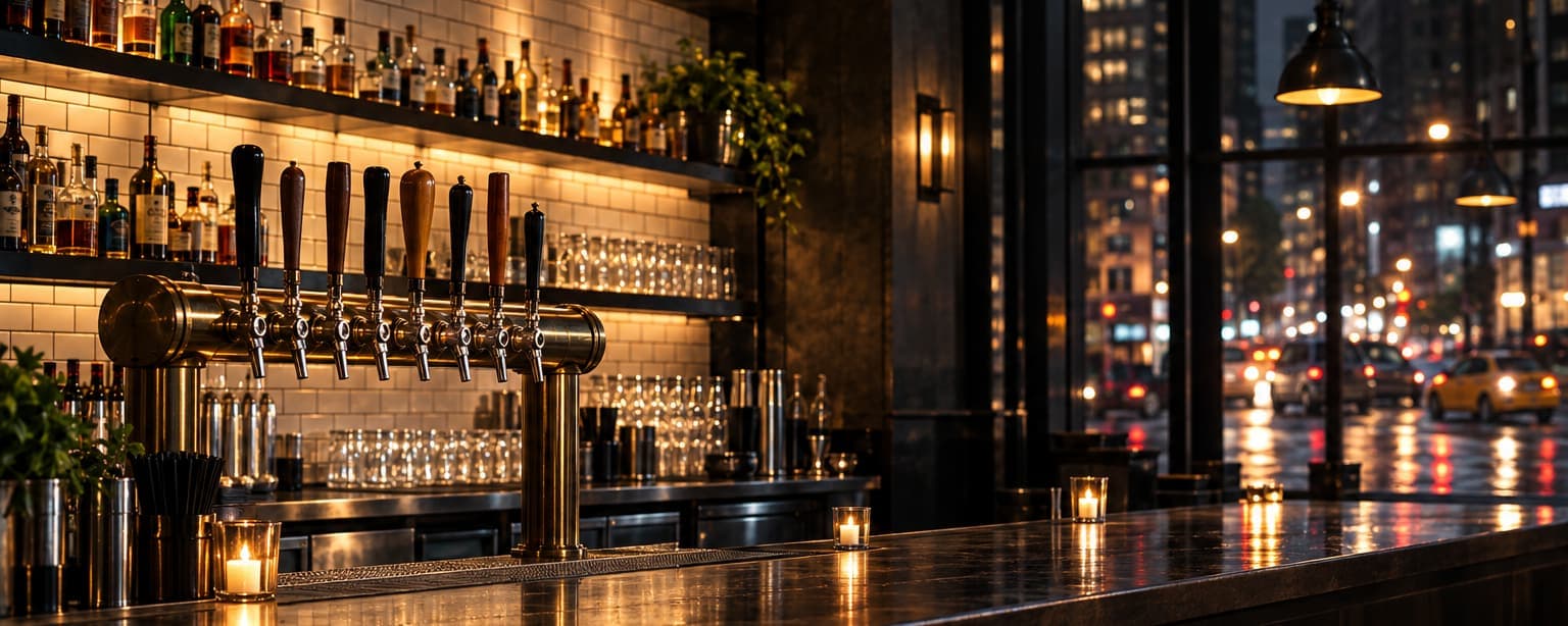 A New York City bar late at night, a subway-tiled wall behind a row of beer taps and the lit street visible through a tall window