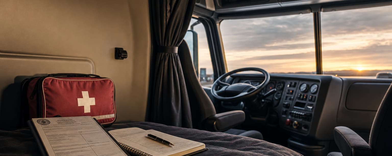 The sleeper of a truck cab at sunrise with a red first aid kit and a folder of paperwork on the bunk, the windshield lit ahead