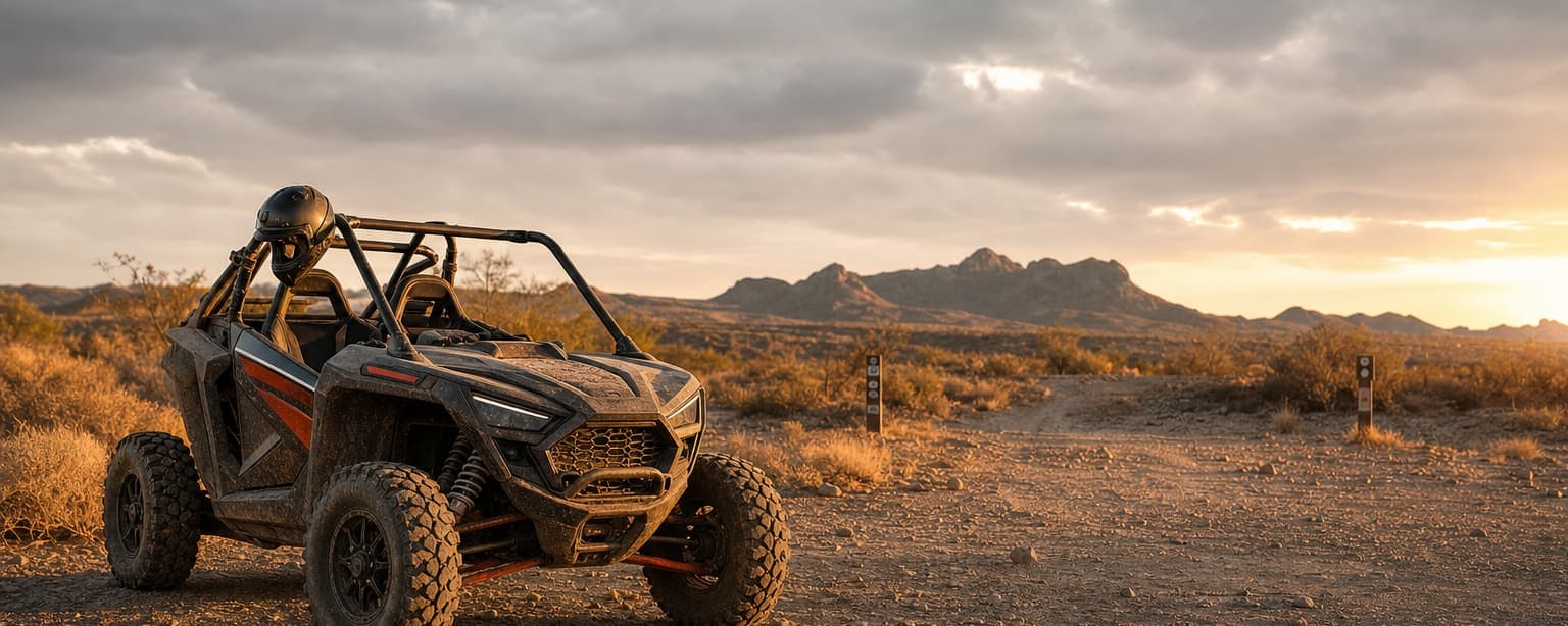 A side-by-side utility vehicle parked on a desert trail at sunset with mountains on the horizon