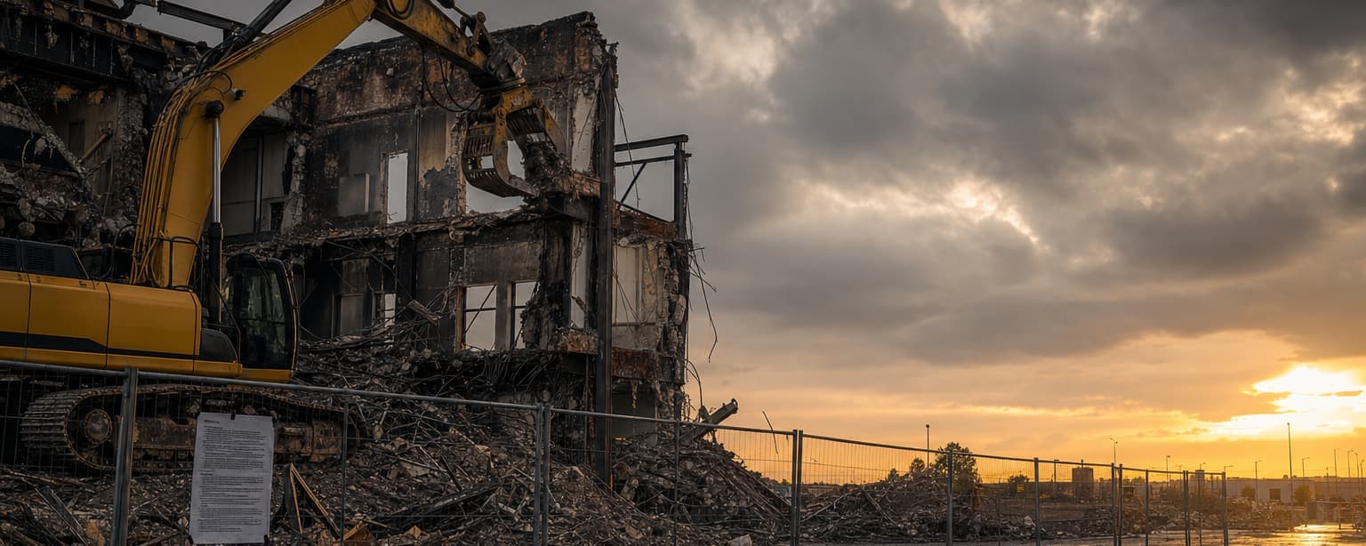 An excavator taking down a fire-damaged commercial building behind site fencing, rubble heaped across the lot at sunset