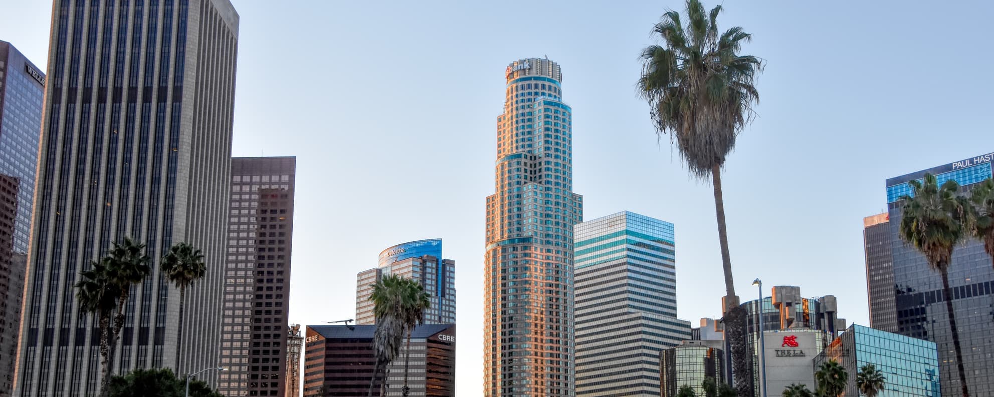 The downtown Los Angeles skyline at dusk, US Bank Tower at the center