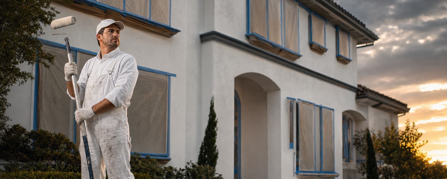 A painting contractor in white overalls holding a roller on an extension pole in front of a two-story stucco house with every window masked in blue tape and paper, drop cloths on the ground at sunset