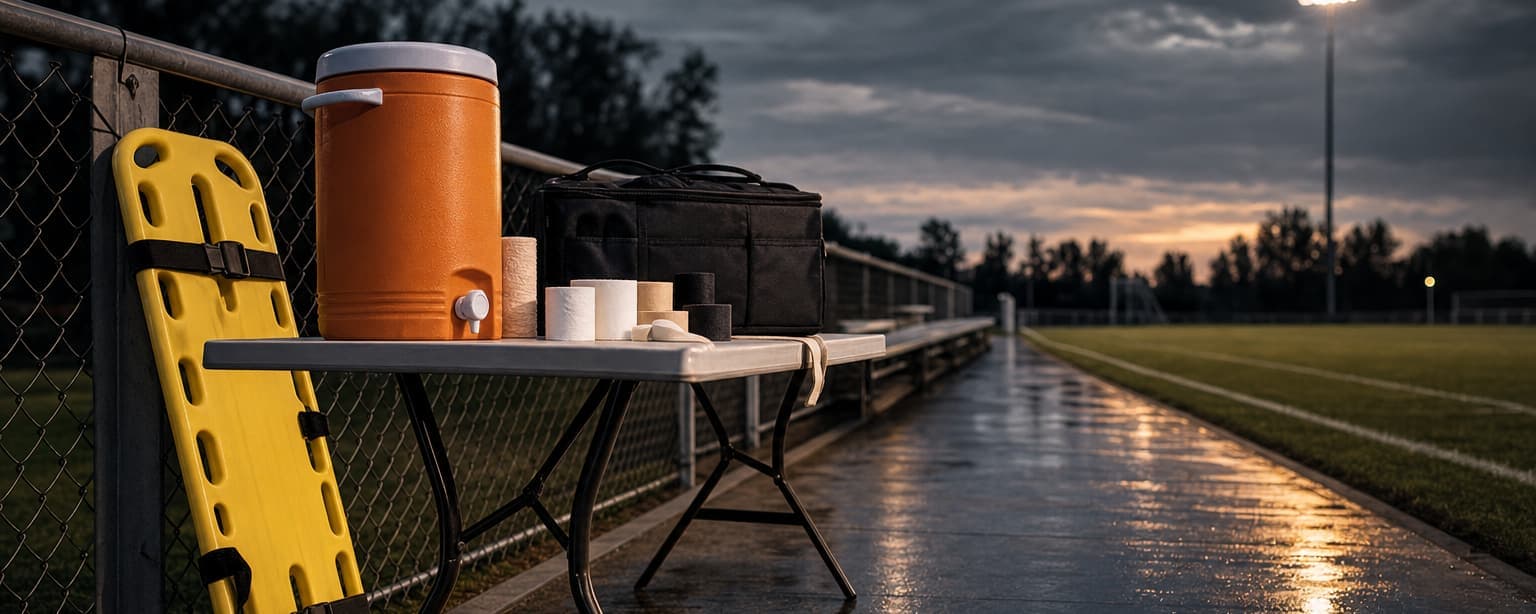 A sideline table with a water cooler, stacked cups and tape beside a spine board hung on the fence, a marked field beyond