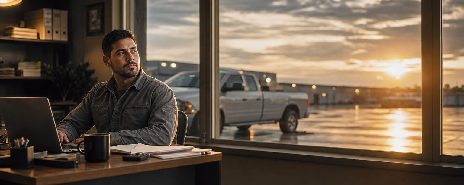 A contractor at a small office desk checking a payroll run on a laptop with coffee beside him, his crew truck through the window at dawn