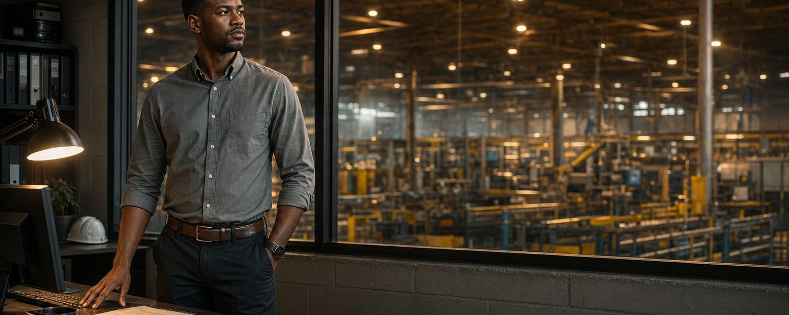 A man in a button-down shirt at a warehouse office desk with a payroll summary and a class code schedule, the lit plant floor through the window behind him