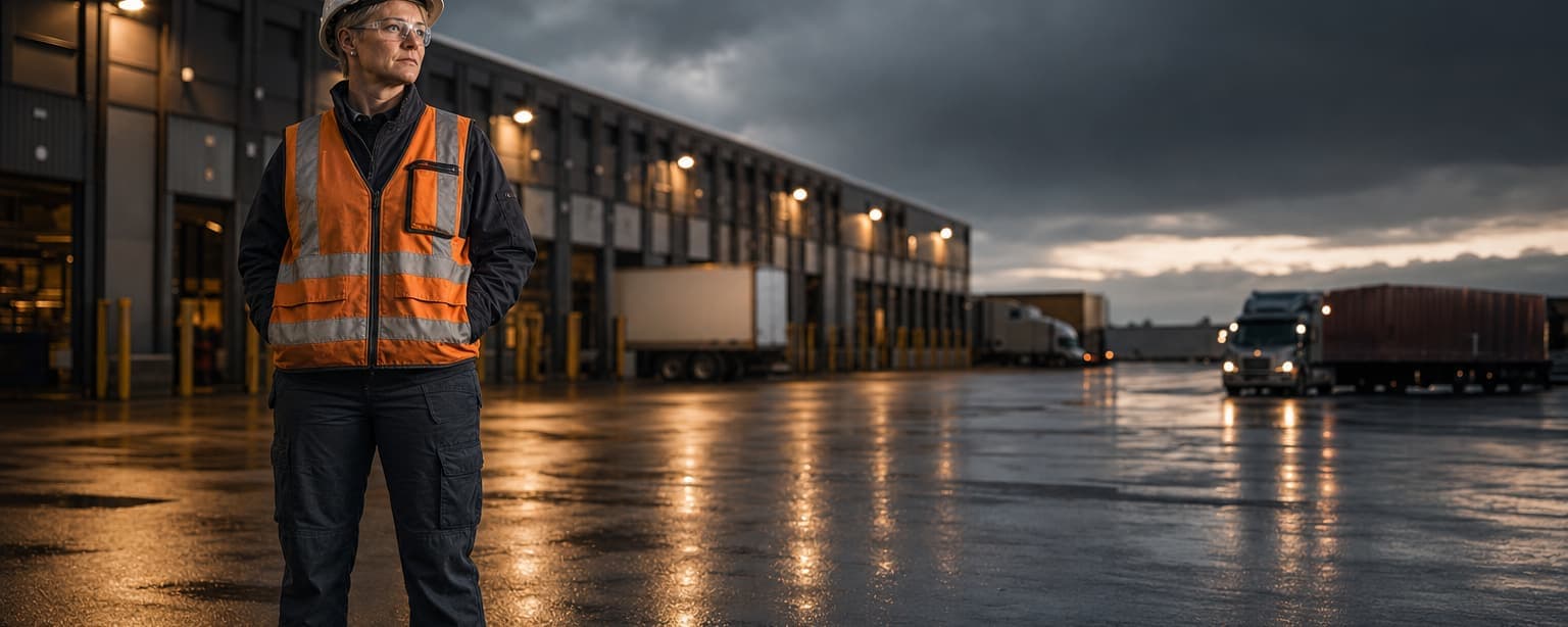 A supervisor in a hi-vis vest standing on a loading dock at dusk with trailers lined up along the terminal behind him