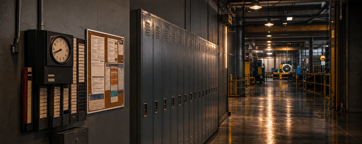 A locker corridor in a plant with a wall-mounted time clock and a notice board of postings, the floor visible through the far doorway