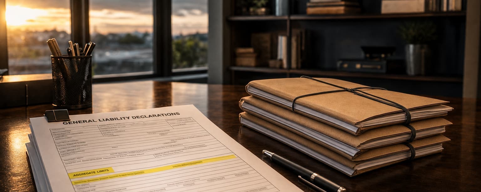 A general liability declarations page on a desk beside a stack of bound project files tied with elastic, low sun through the window