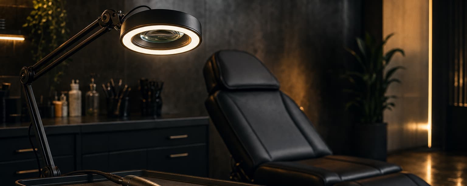 A permanent makeup studio station, a microblading pen and pigment cups laid out on a covered tray beside a magnifying ring lamp and a reclined client chair