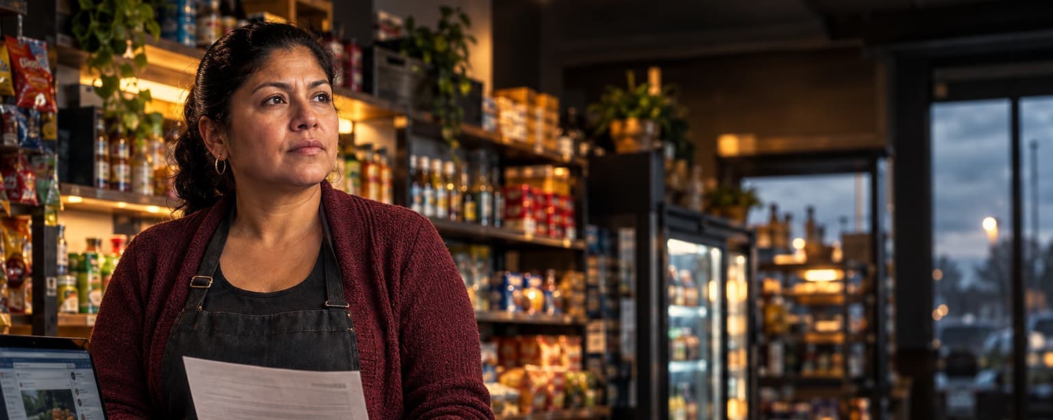 A shop owner at her counter in the evening reading a printed letter, a laptop beside her open to a social media ad with a photograph, lit shelves of products behind her