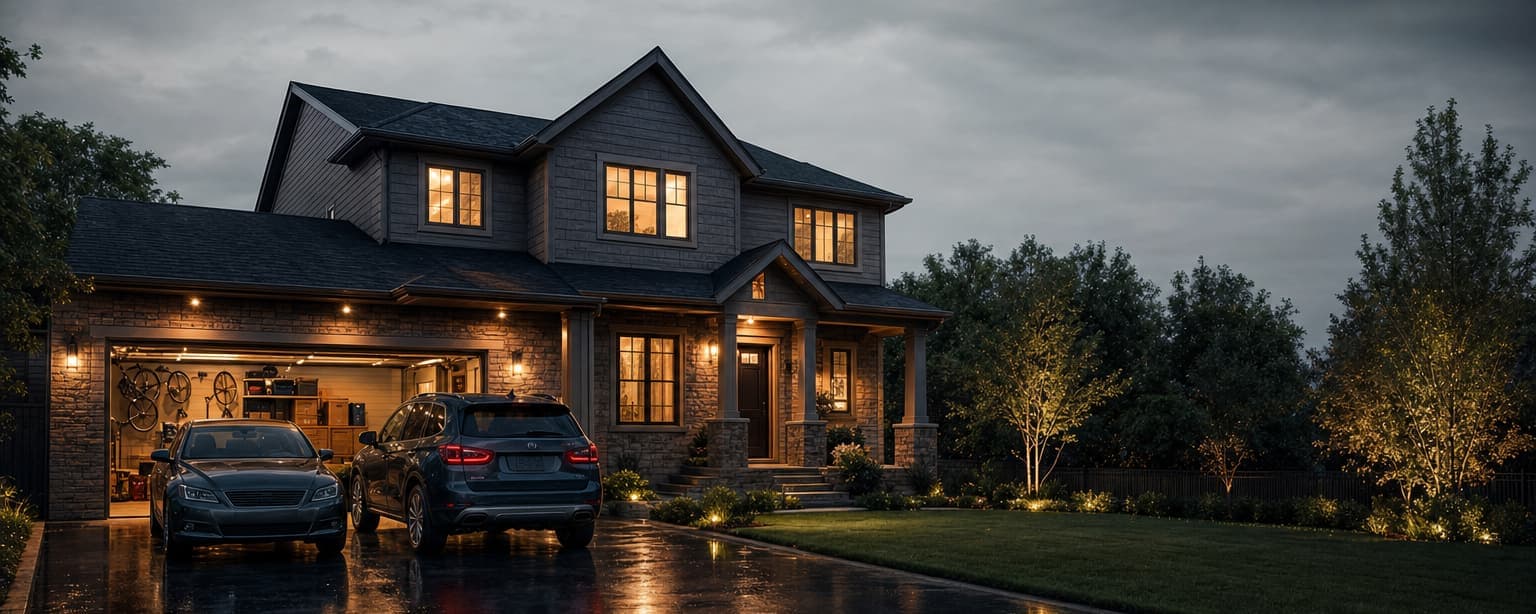 A two-story family home at dusk seen from the driveway, a sedan and an SUV parked on the wet drive, porch light and upstairs windows lit, the open garage showing bicycles and stacked boxes
